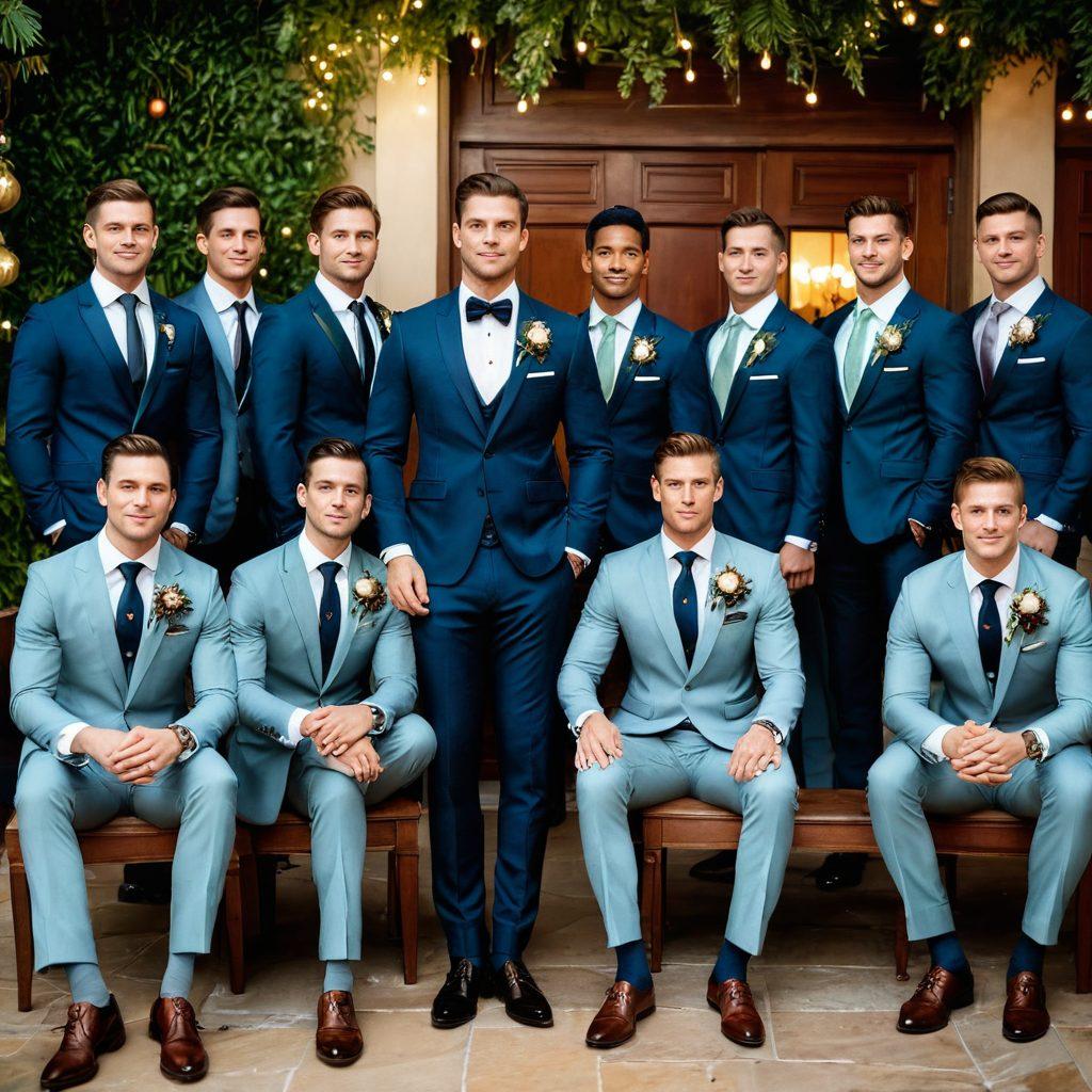 A stylish wedding scene featuring a groom in a bespoke suit surrounded by his groomsmen in coordinated tailored attire, showcasing different styles and colors. The backdrop includes elegant wedding decorations with lush greenery and soft lighting, symbolizing a festive atmosphere. Incorporate fashion accessories like ties, pocket squares, and cufflinks, emphasizing attention to detail. Use warm, inviting tones to evoke a sense of celebration. vibrant colors. super-realistic.