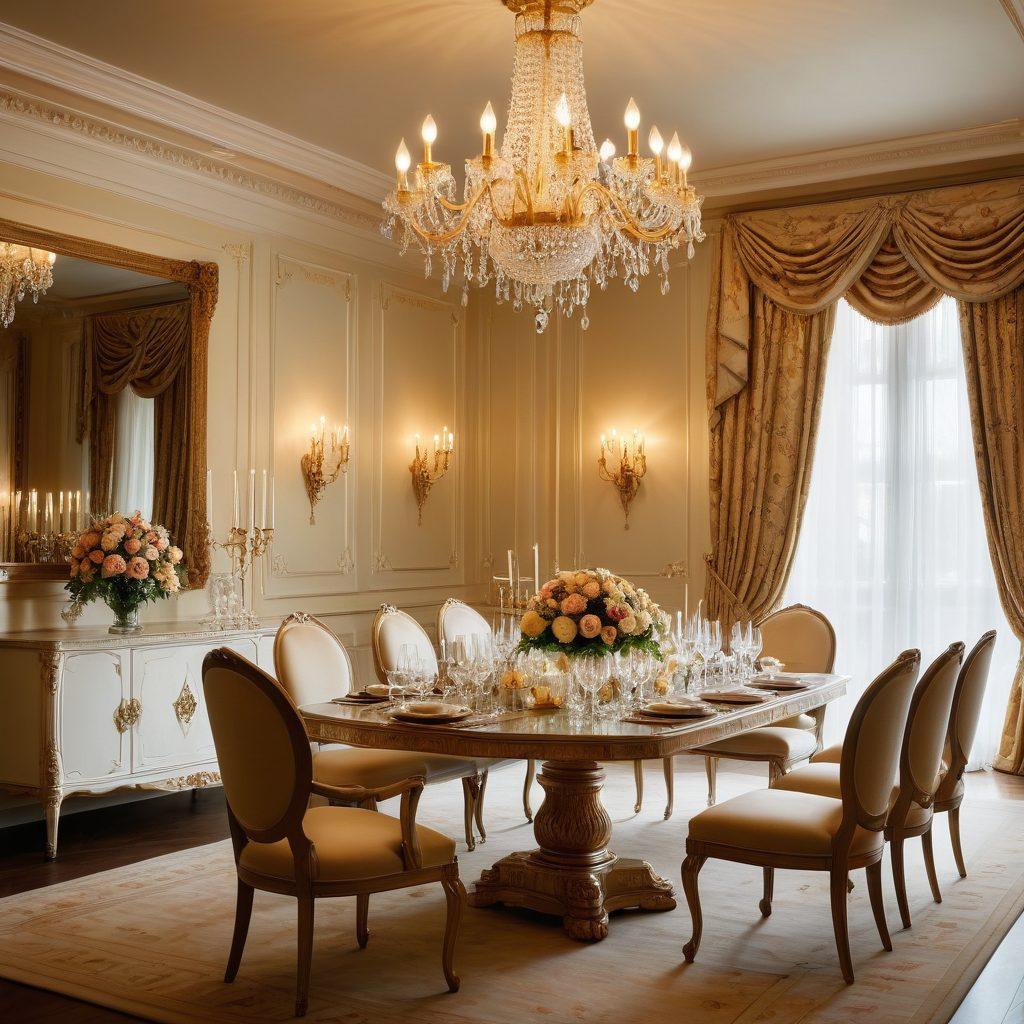 A lavishly set dining table adorned with elegant evening wear outfits draped artistically around fine china and crystal glassware. Soft, warm lighting illuminates the scene, reflecting off golden accents and luxurious fabrics. Include a backdrop of a grand chandelier and subtle floral arrangements to enhance the opulence. super-realistic. vibrant colors. elegant ambiance.