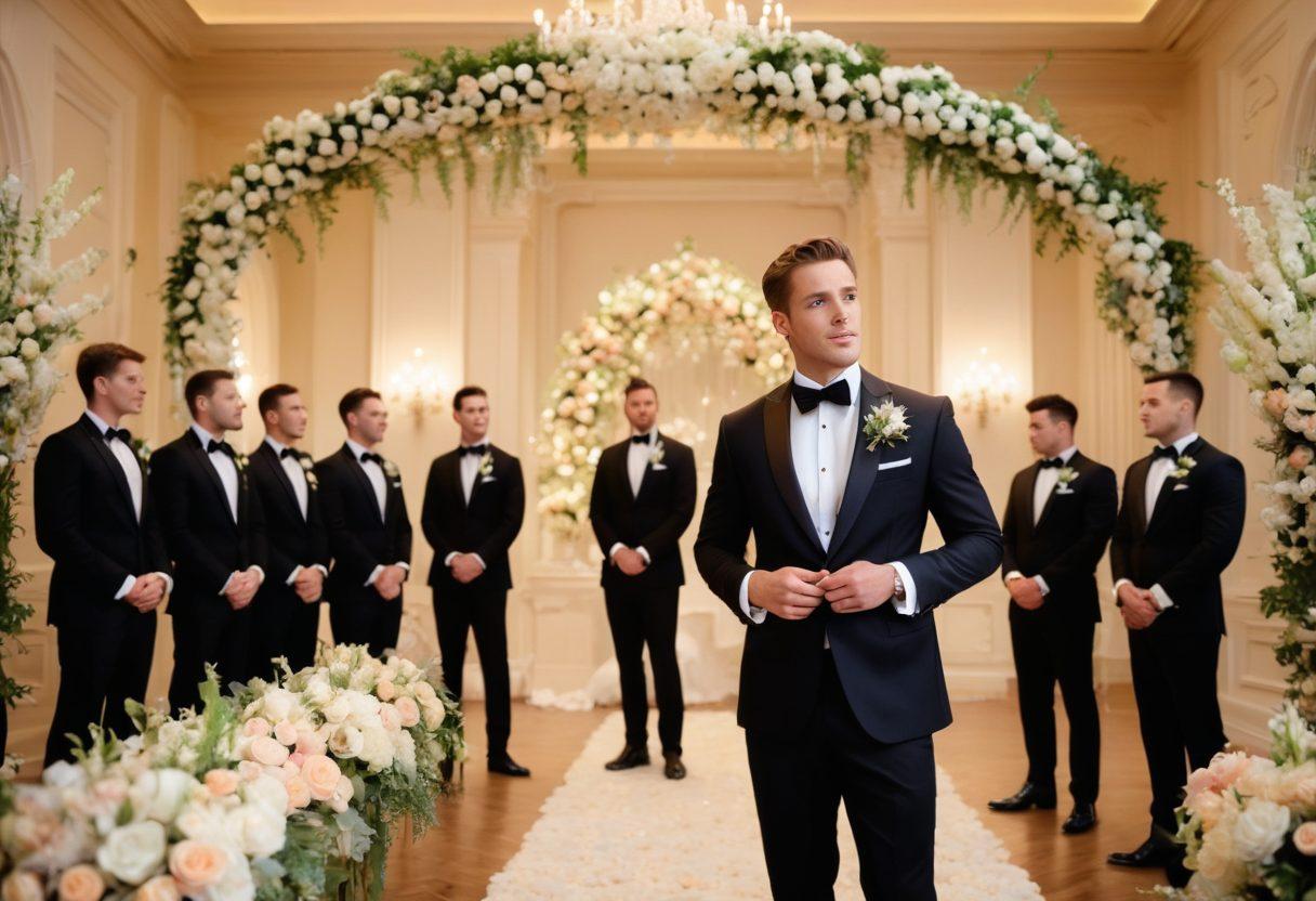 A groom in a tailored custom tuxedo, standing confidently in an elegant wedding venue adorned with delicate floral arrangements and soft lighting. Surrounding him are stylish groomsmen in matching formal attire, creating a sense of camaraderie. The atmosphere conveys sophistication and charm, with a backdrop of an ornate wedding arch. Super-realistic. Vibrant colors. Soft focus.